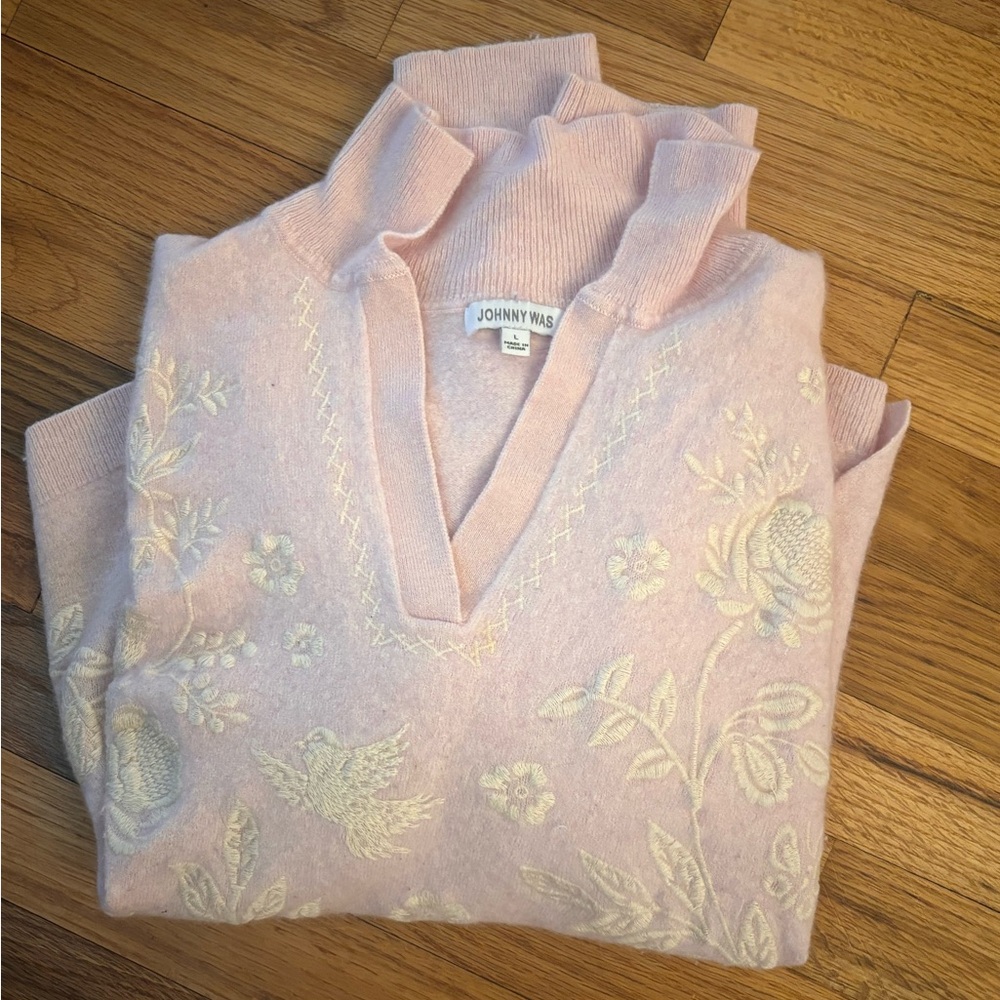 Johnny Was Pink Sweater with Cream Embroidery